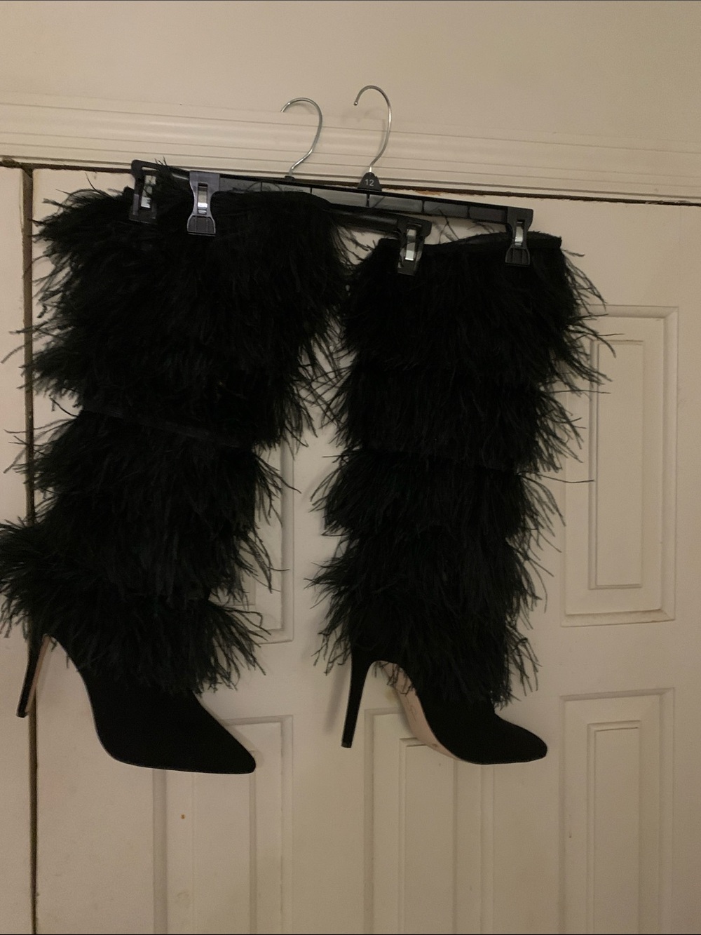 Jessica Simpson Black Feather-Tier Knee-High Stiletto Boots